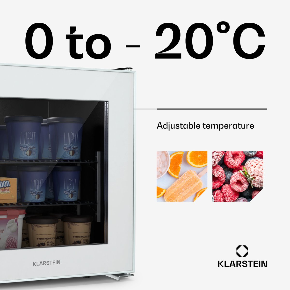 Klarstein IceAge 36 Mini Vriezer, 36 liter, instelbare temperatuur van 0 tot -18 °C, energiezuinig, LED-binnenverlichting, compacte en stijlvolle glazen deur, kleine vrieskist, wit