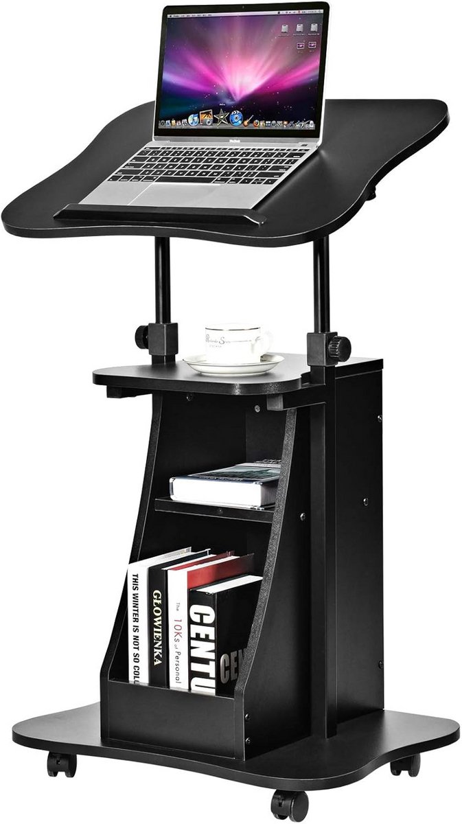In Hoogte Verstelbare Laptoptafel op Wielen - Mobiele Bureau met Opbergvak