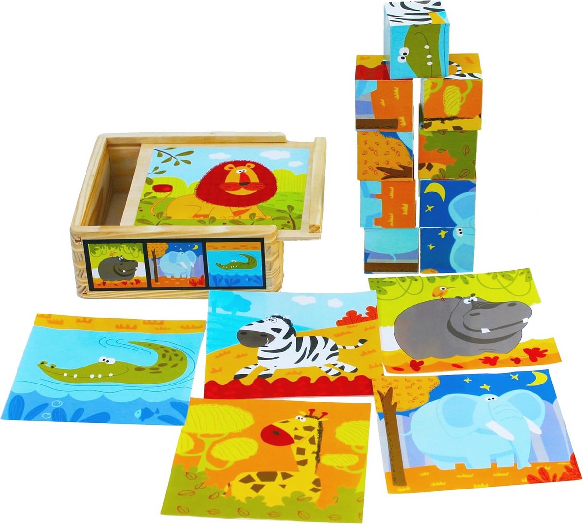 Houten Blokken Puzzels voor Kinderen - Luxe Jigsaw Puzzels met 6 Wilde Dieren Beelden - Perfect Speelgoed voor 2 Jaar Oud