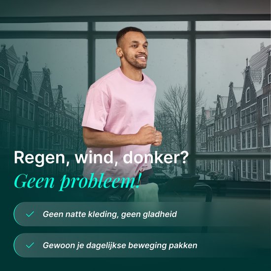 Man in roze shirt loopt op loopband, met de tekst "Regen, wind, donker? Geen probleem!"