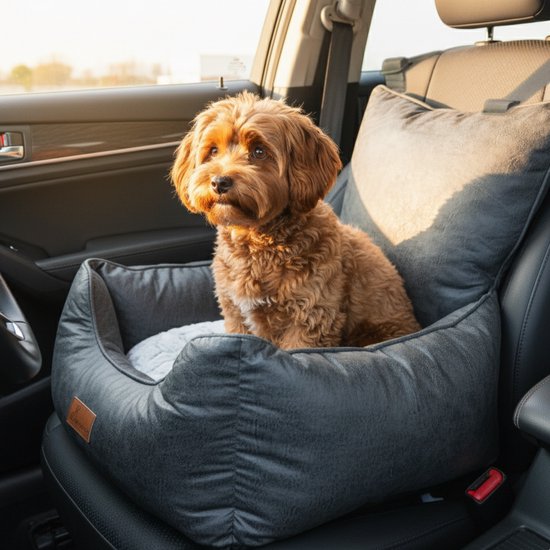 Bruine hond in een grijze hondenmand in een autostoel.
