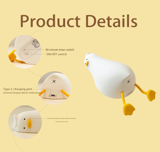 Babykamer Nachtlampje -Kinderkamer Nachtlampje - Lazy Duck - USB -Led Dimmer - Drie dimbare niveaus - Kan getimed worden -Dimbare Touch Sensor LED Lamp voor Kinderen -Kindvriendelijk - Mobielhouder -Liggende eend nachtlampje - Wit van Merkloos — afbeelding 2