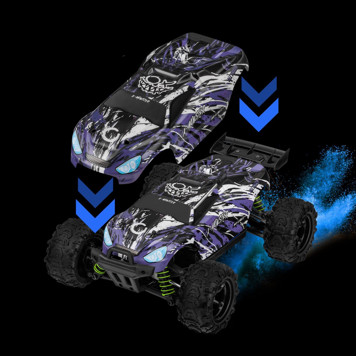 Overmax X-Monster 3.0 - RC Auto + Paars Auto Body - 4x4 wielaandrijving - Schaal 1:18 - 30km/h - Bestuurbare Auto - Volwassenen & Kinderen - Afstandsbestuurbare Auto - Offroad Monstertruck — afbeelding 12