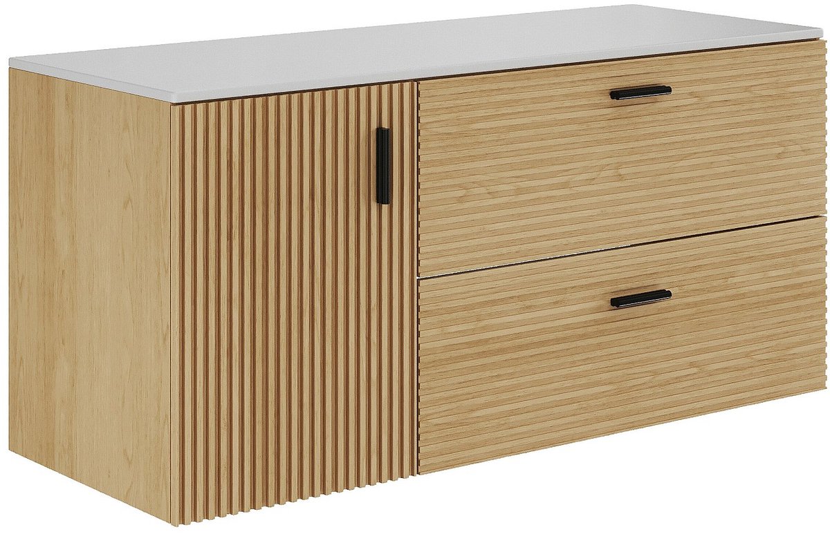 Vente-unique Zwevend wastafelmeubel met plank - 1 deur en 2 lades - kleur: Licht naturel getsreept - 120 cm - SARONE