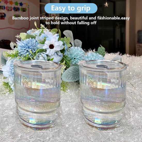 BELICOO 2 stuks glazen bekers van 650 ml met deksels en rietjes, glazen beker van 650 ml, glazen bekers met rietje en deksel voor water, bier, cocktail, thee, cola, sap, frisdrank