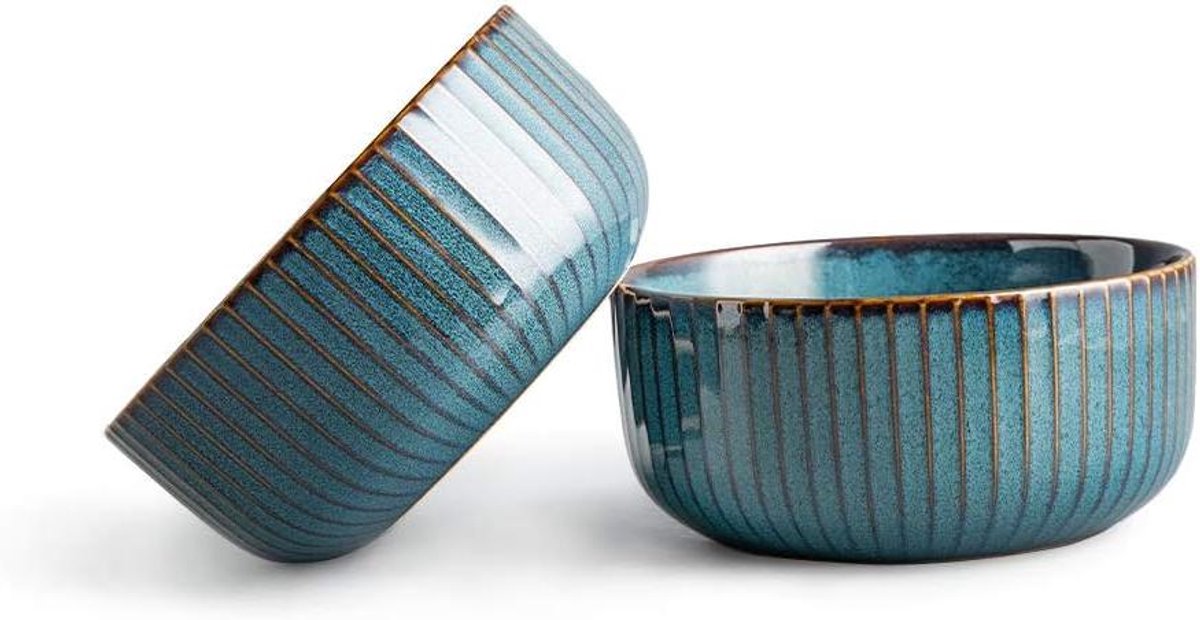Mueslikommen van porselein, set van 2, 1000 ml - retro design voor ontbijt en soep - keramieken servies, blauwe serie