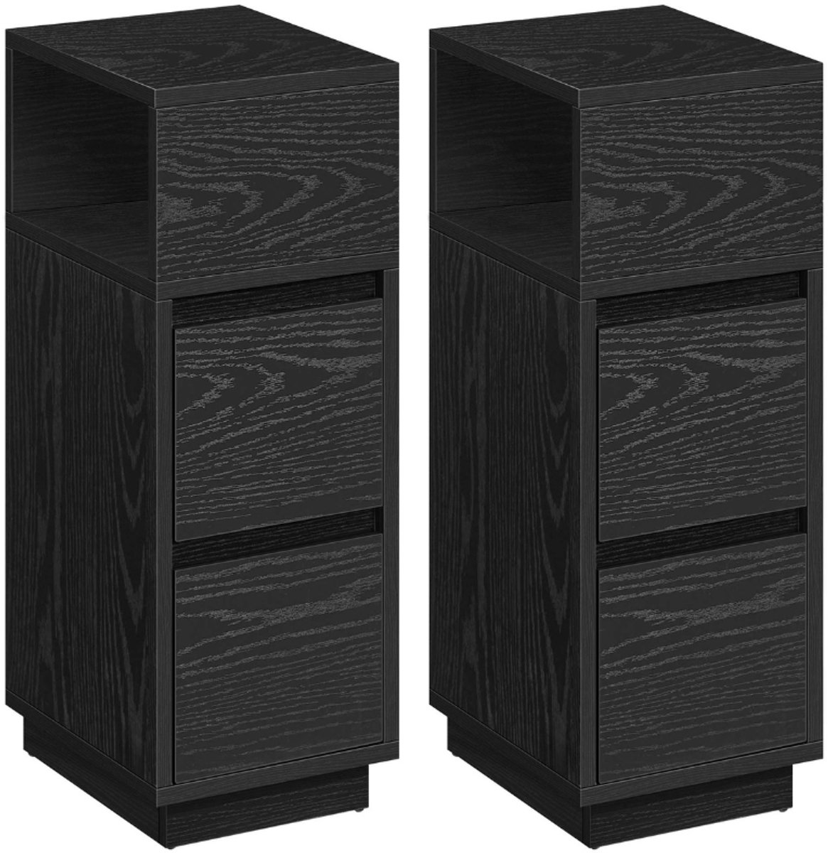Livista Nachtkastjes – Set van 2 – Smalle Bijzettafels met 2 Lades – Flexibele Open Vakken – Ruimtebesparend – Voor Slaapkamer of Woonkamer – Zwart