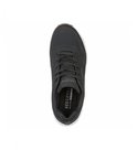 Bovenkant van een zwarte Skechers sneaker met veters, perforaties en logo op de binnenzool.