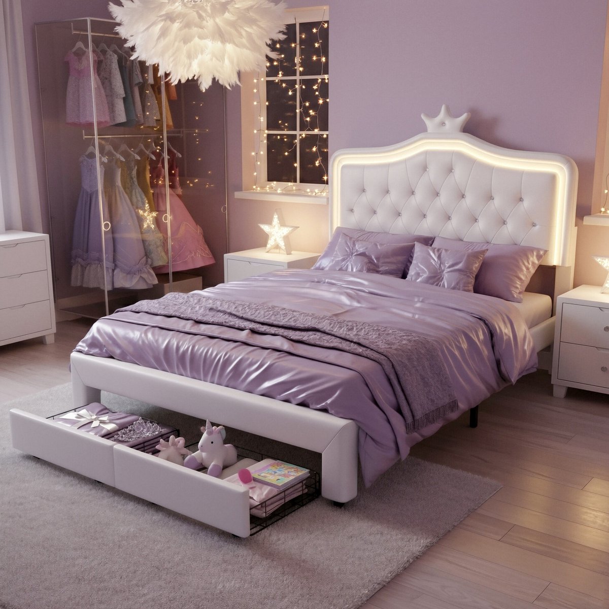 ADFBL Prinsessenbed Wit 140x200 cm - Gestoffeerd Bed met 2 Lades & LED | Kristallen Knopen PU Leer