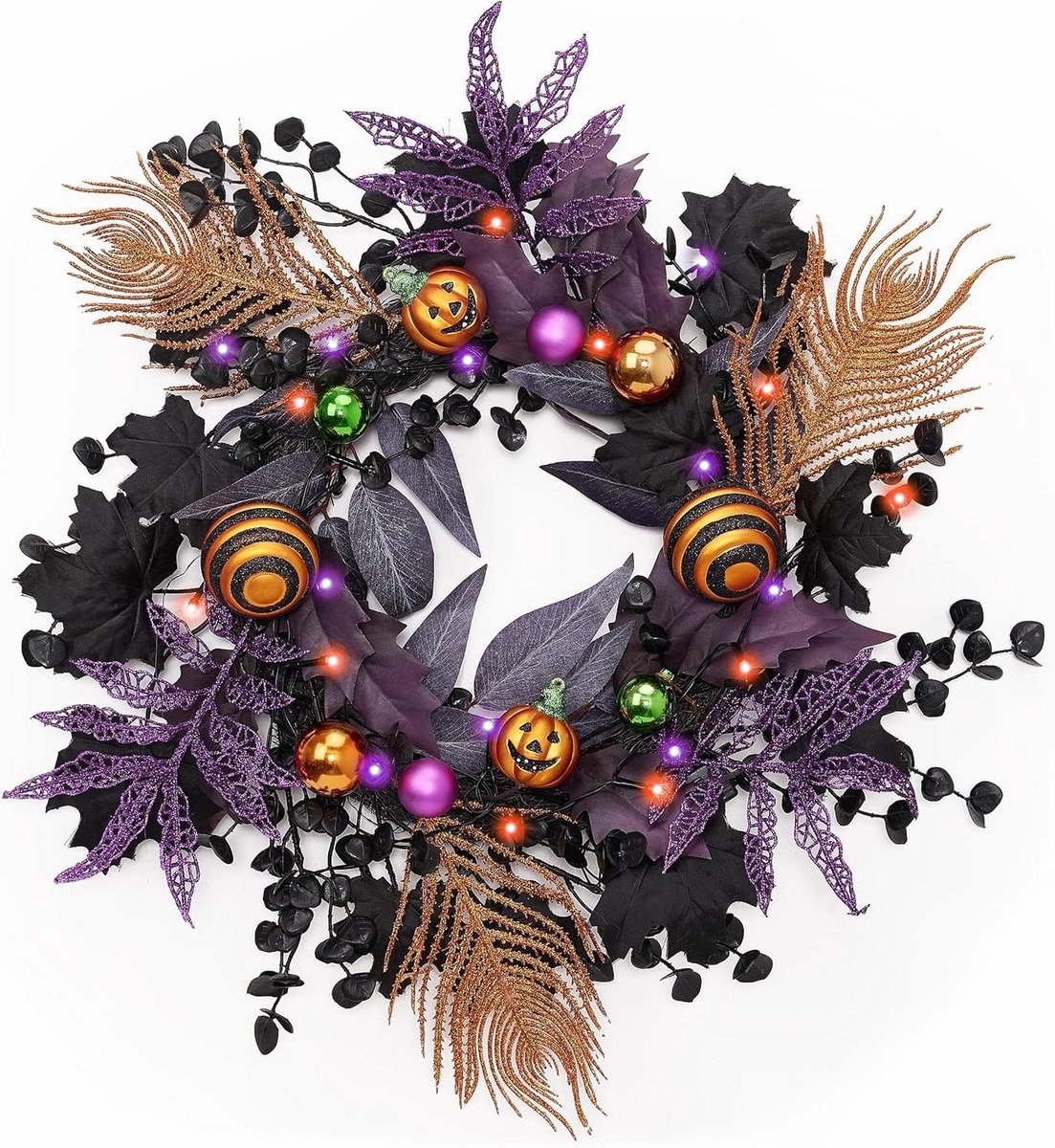 Cosensi - Halloween krans voor deur met LED-pompoenen - Feestelijke decoratie voor Halloween - 45,7 cm