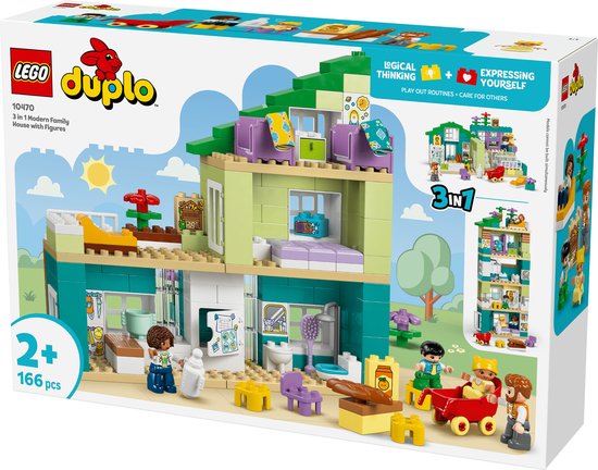 LEGO Duplo 10470 Maison familiale moderne 3-en-1 avec figurines, sur la boîte.