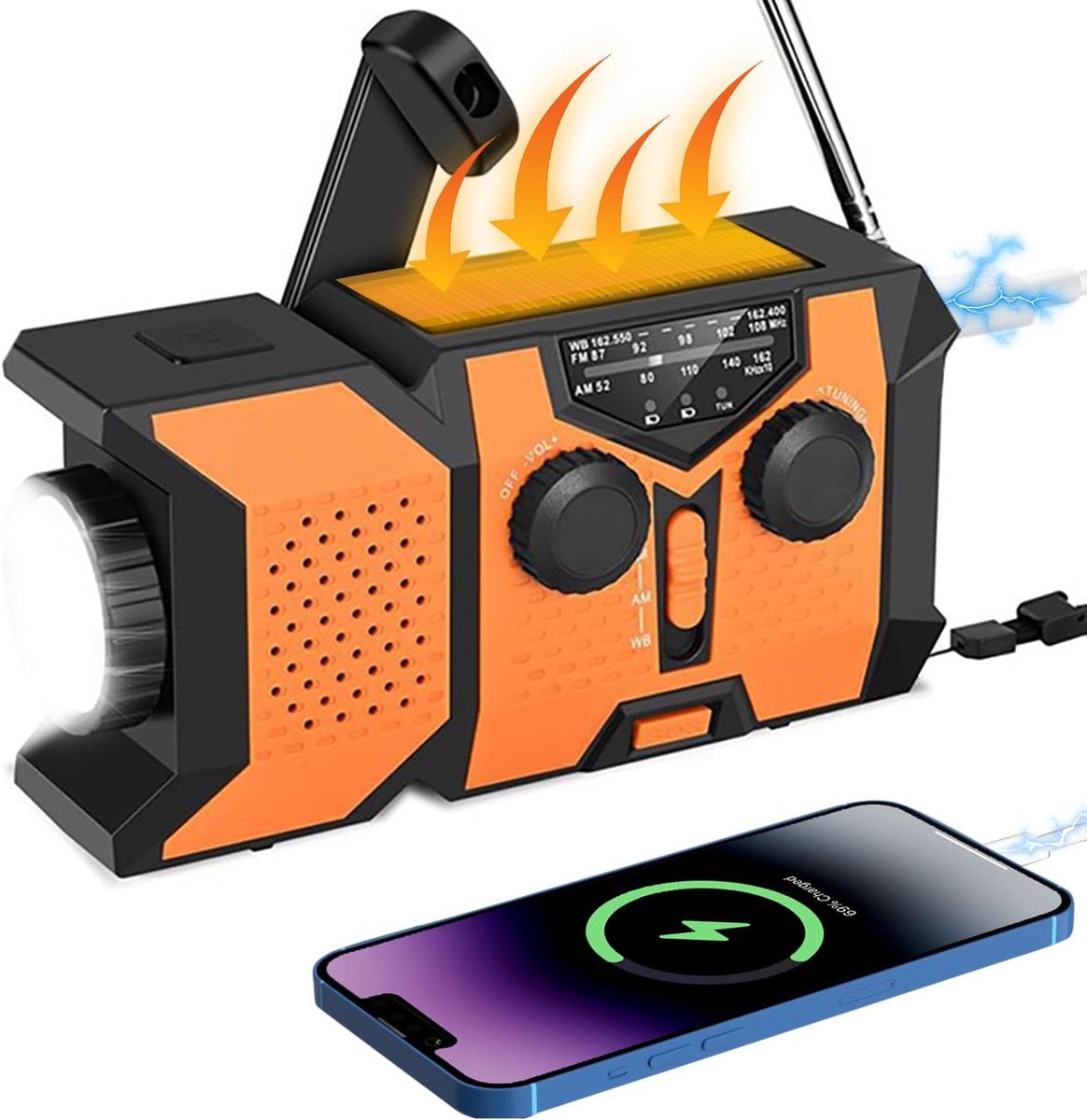 Oranje noodweeralarmradio - draagbare AM/FM-kortegolfradio met 2000 mAh-batterij, zonne-energie en handmatige lader, LED-zaklamp, USB-powerbank en SOS-alarm, geschikt voor kamperen en stormen