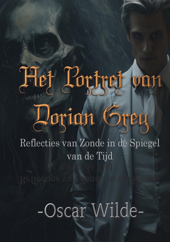 Cover van 'Het Portret van Dorian Gray' met een man in pak en een schedel.