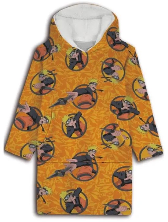 Gele hoodie poncho met Naruto-print en sterrenpatroon.