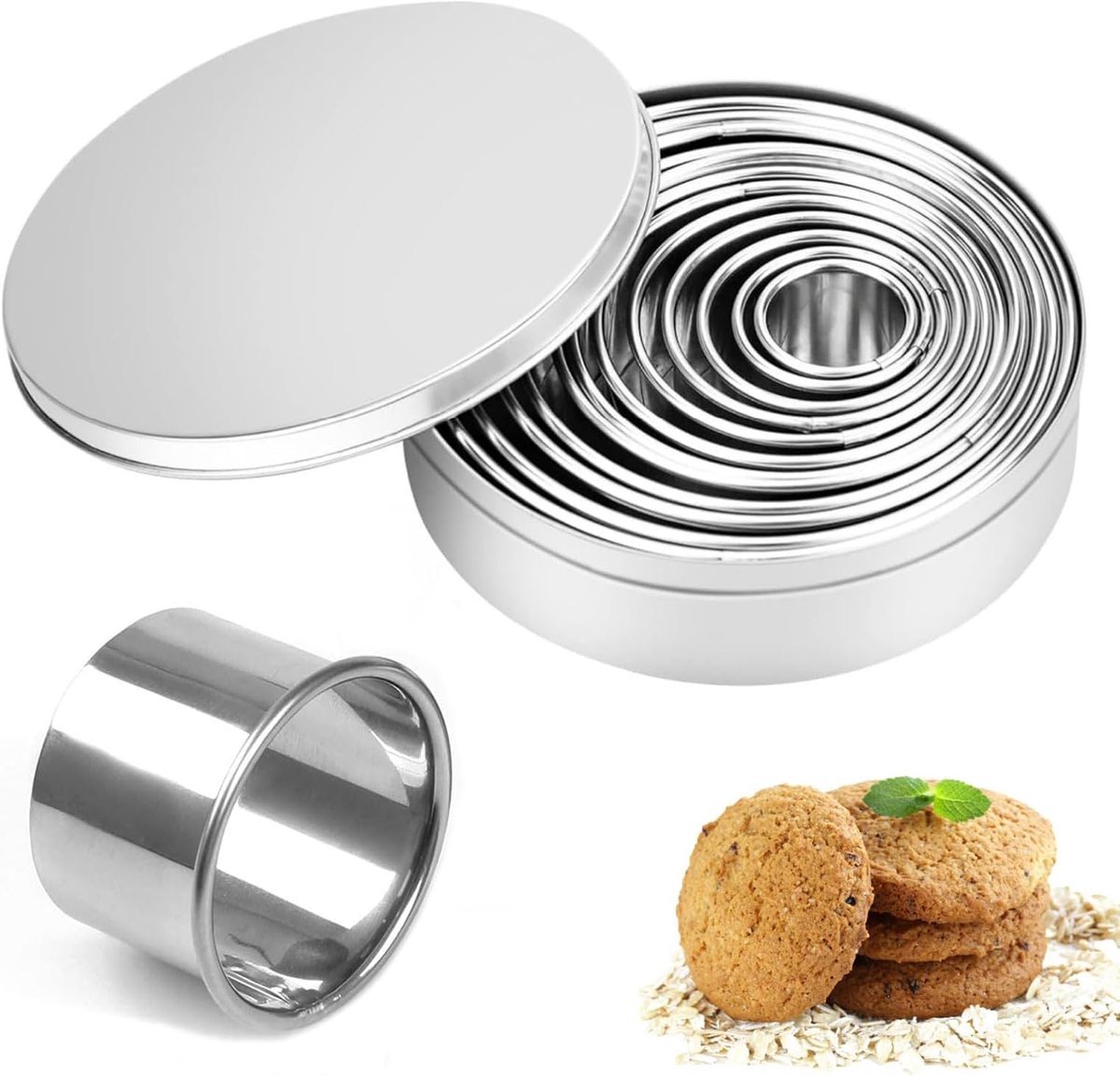 Stunq® Set van 12 Roestvrijstalen Ronde Deegsnijders met Handige Opbergdoos – Perfect voor Koekjes, Gebak en Biscuits
