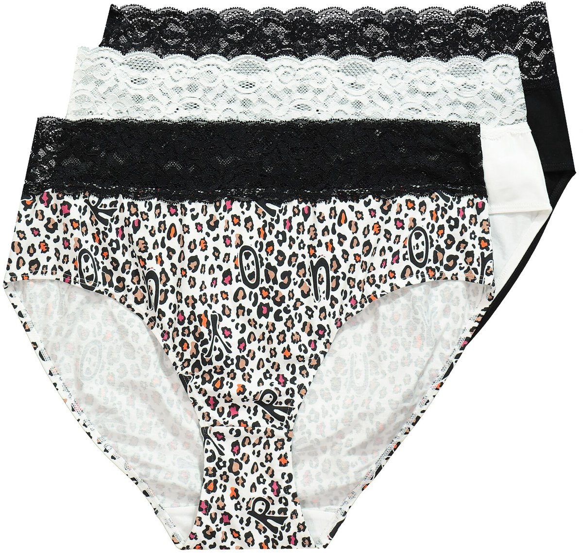 TruYou - Dames - TRUYOU midi-slips set van 3 kant effen/luipaardmotief - Zwart - Maat 46+