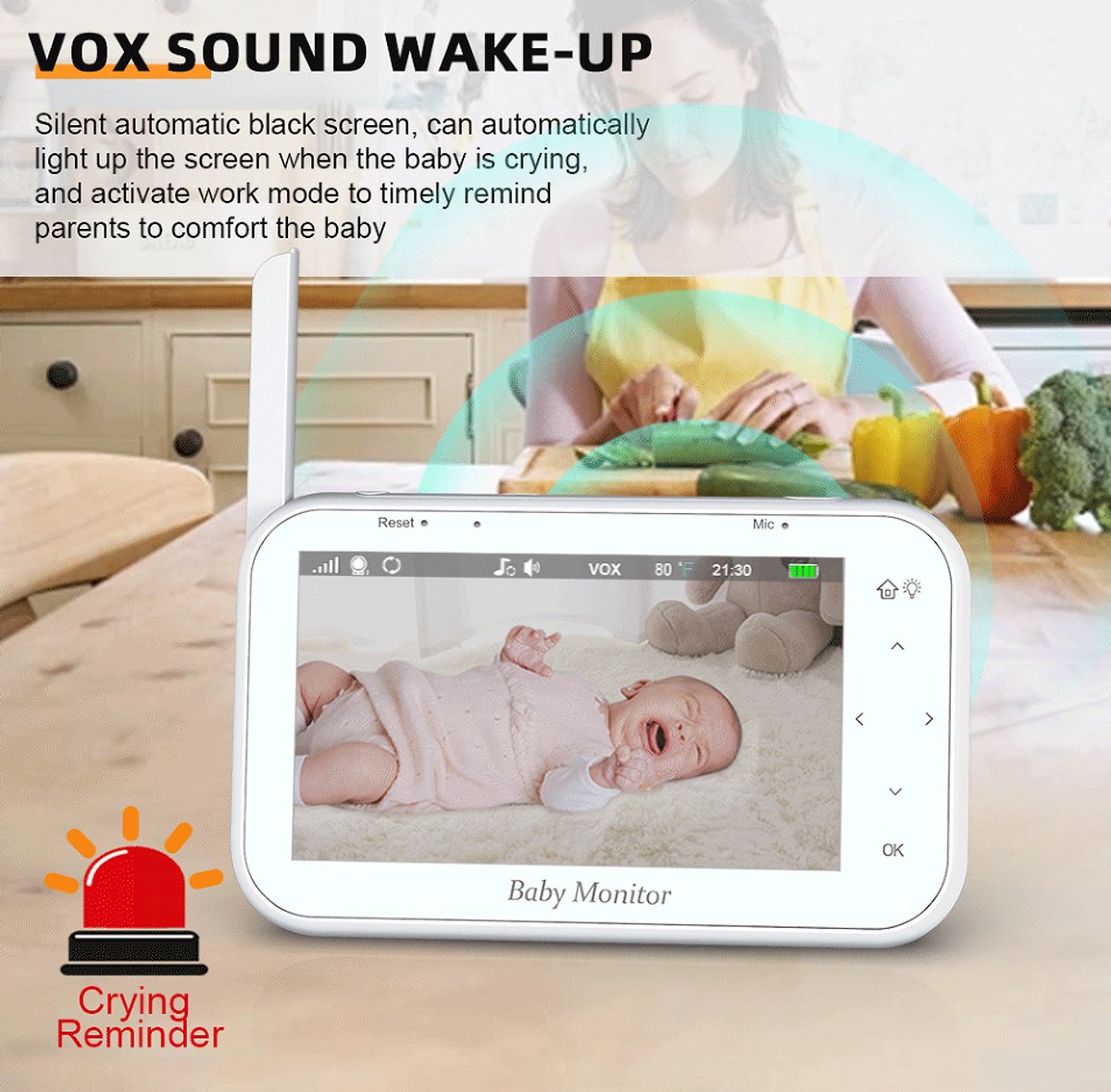 Namajunas - Babyfoon met camera - Baby monitor - Baby camera - 4.3 inch IPS-scherm - Full HD Resolutie - Temperatuursensor - Nachtlampje - Nachtzicht - Video Opname Met uw SD kaart - Zonder Wifi en App - PTZ, VOX-modus, Tweewegs-audio, 8 slaapliedjes – foto 7