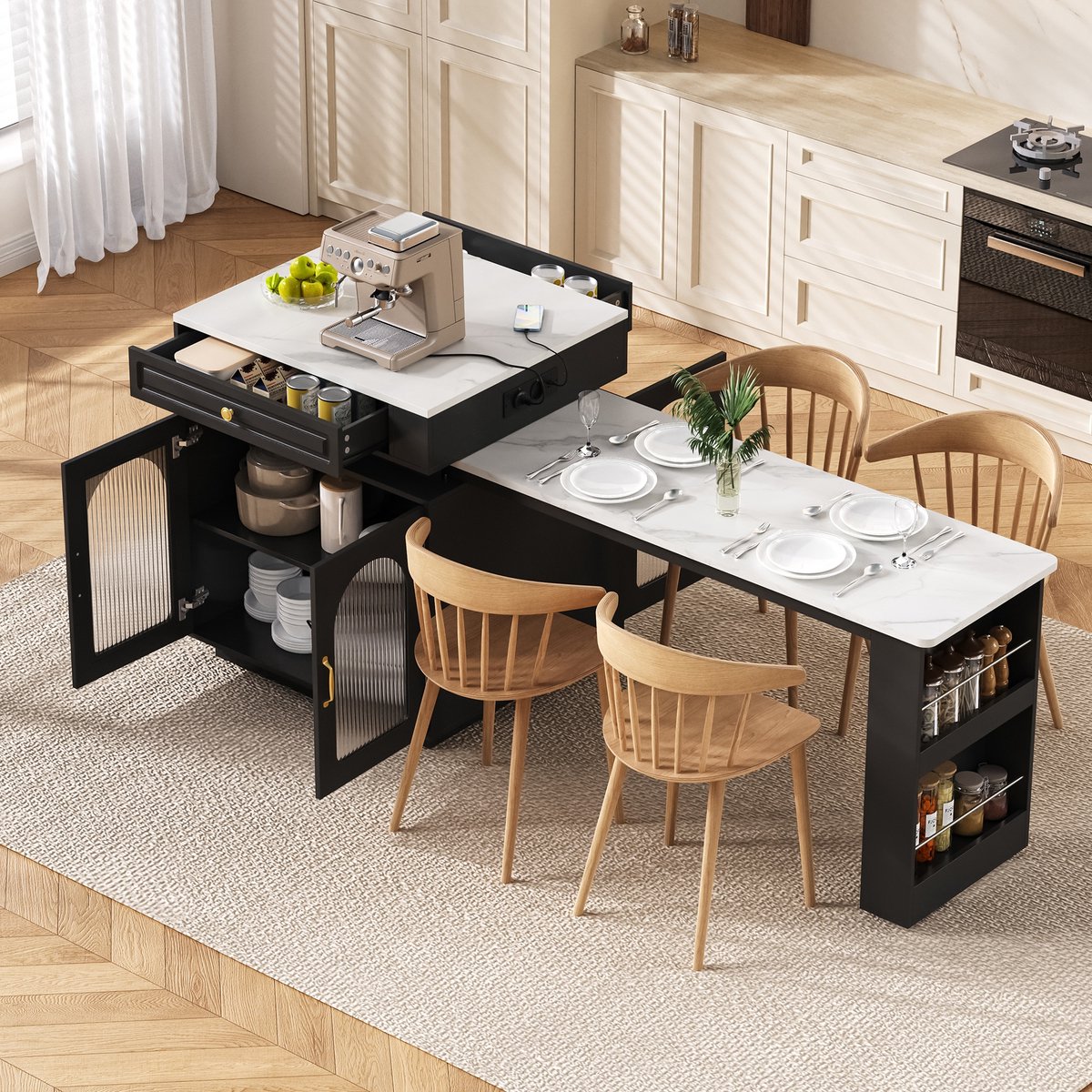 Sweiko Keukeneiland - Met wieltjes - LED verlichting - Uitschuifbare eettafel - Dressoir - Bartafel - Zwart