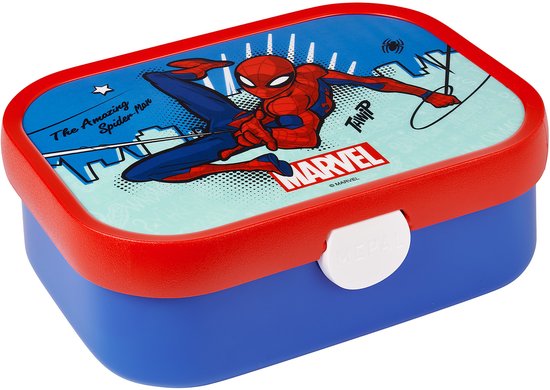 Boîte à lunch avec Spiderman qui saute, en bleu et rouge.
