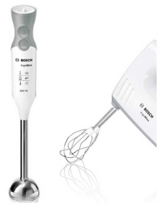 Bosch ErgoMixx staafmixer 600W wit met grijze knoppen, naast een close-up van een witte Bosch ErgoMixx handmixer met deeghaken.