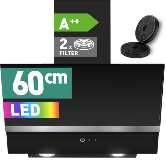 Zwarte 60cm afzuigkap met LED verlichting en energielabel A++, inclusief 2 koolstoffilters.