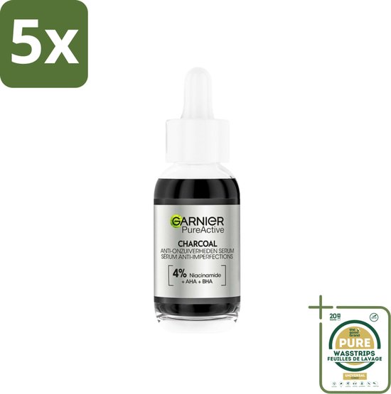 5 x Garnier - PureActive - Serum - AHA + BHA & Charcoal - Tegen Onzuiverheden - 30 ml - Grootverpakking - AHA + BHA Serum - Huidzuiverend Serum - Acne Serum - Puistjes Serum - Houtskool Serum