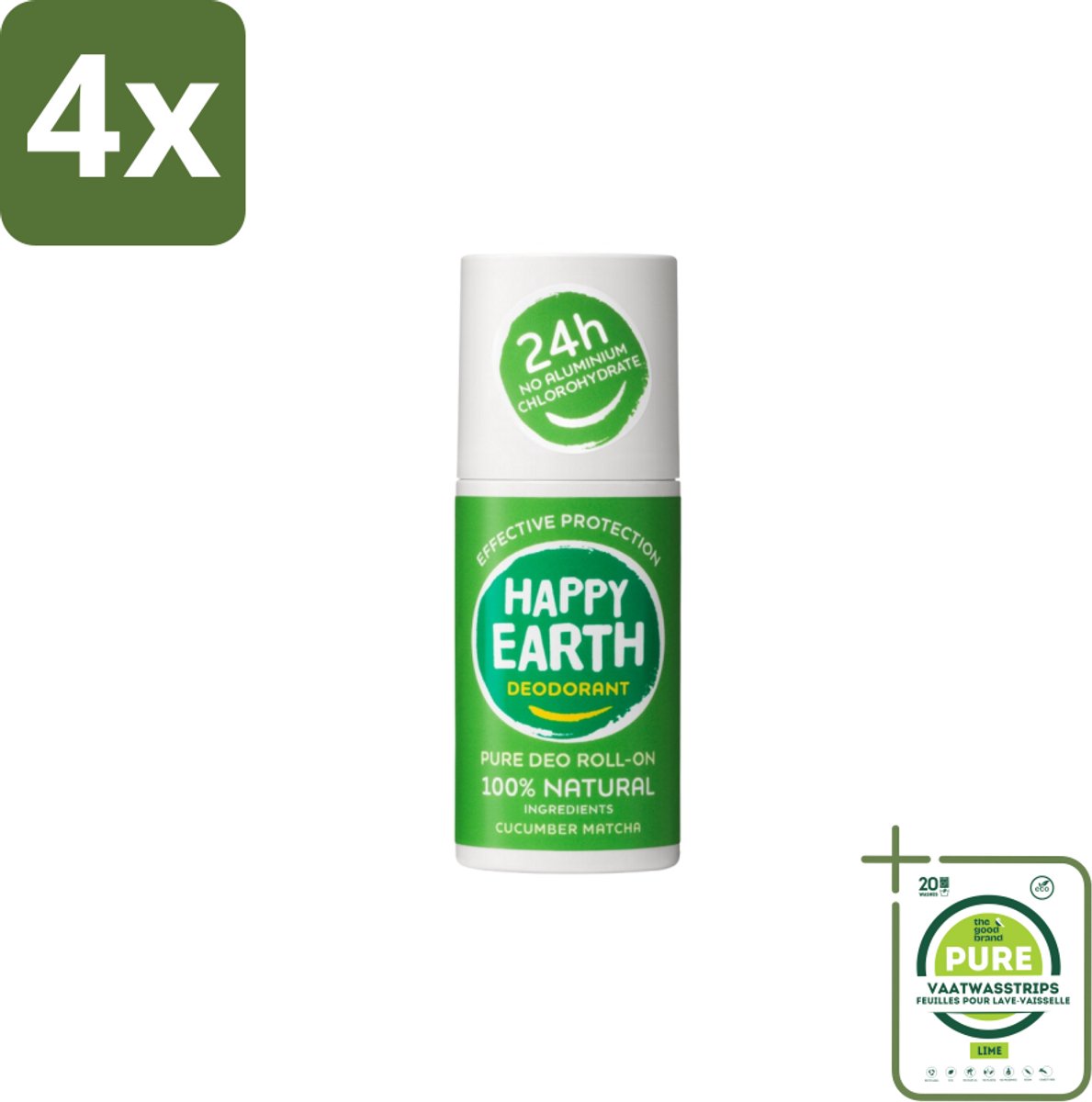 Happy Earth – Deodorant Roll-On – 100% Natuurlijk Cucumber Matcha – 75 ml - Voordeelverpakking - 4 stuks - Deodorant - Fris