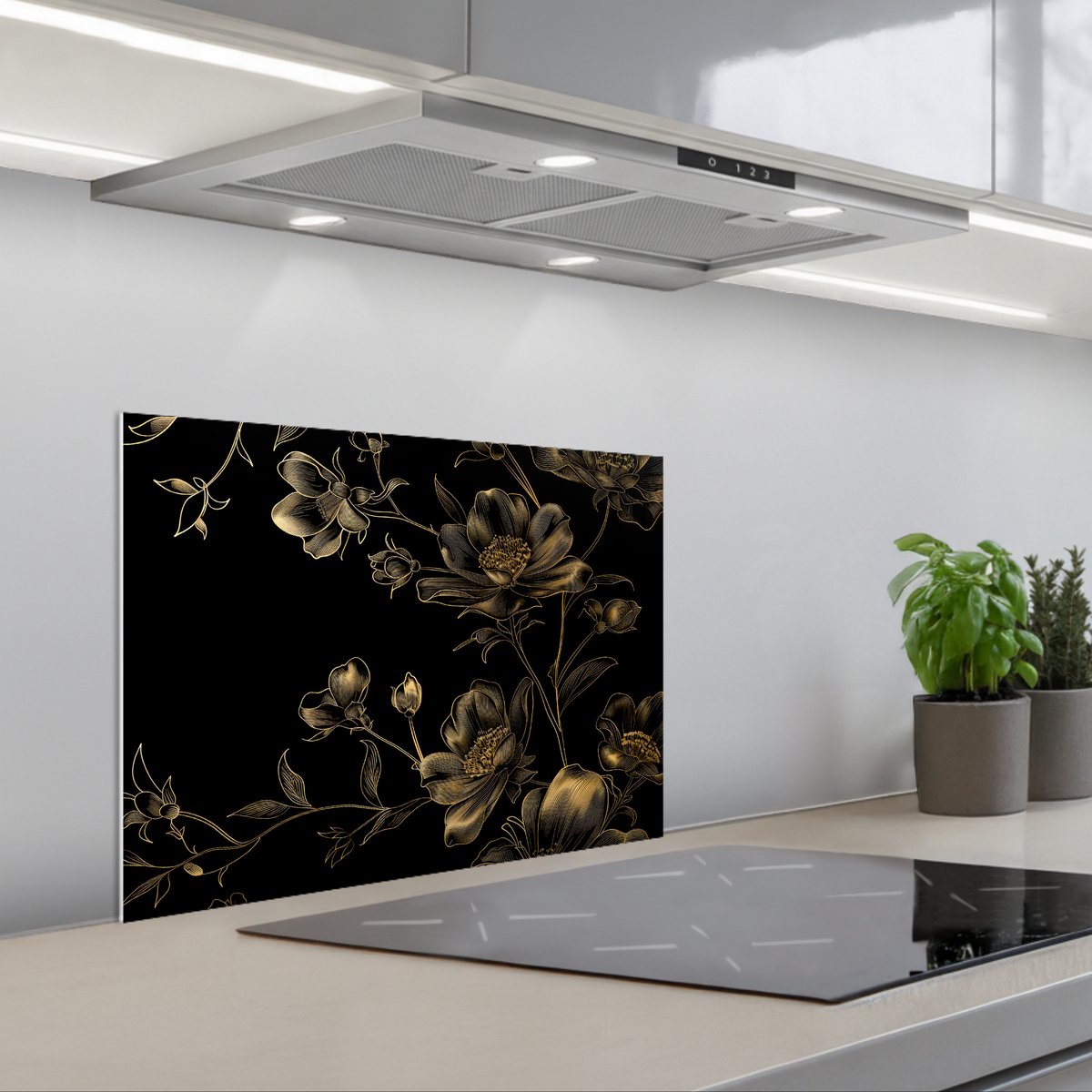 Spatscherm 60x45 cm - Zelfklevende achterwand Bloemen - Zwart - Goud - Line art - Keuken muurbeschermer - Spatwand fornuis