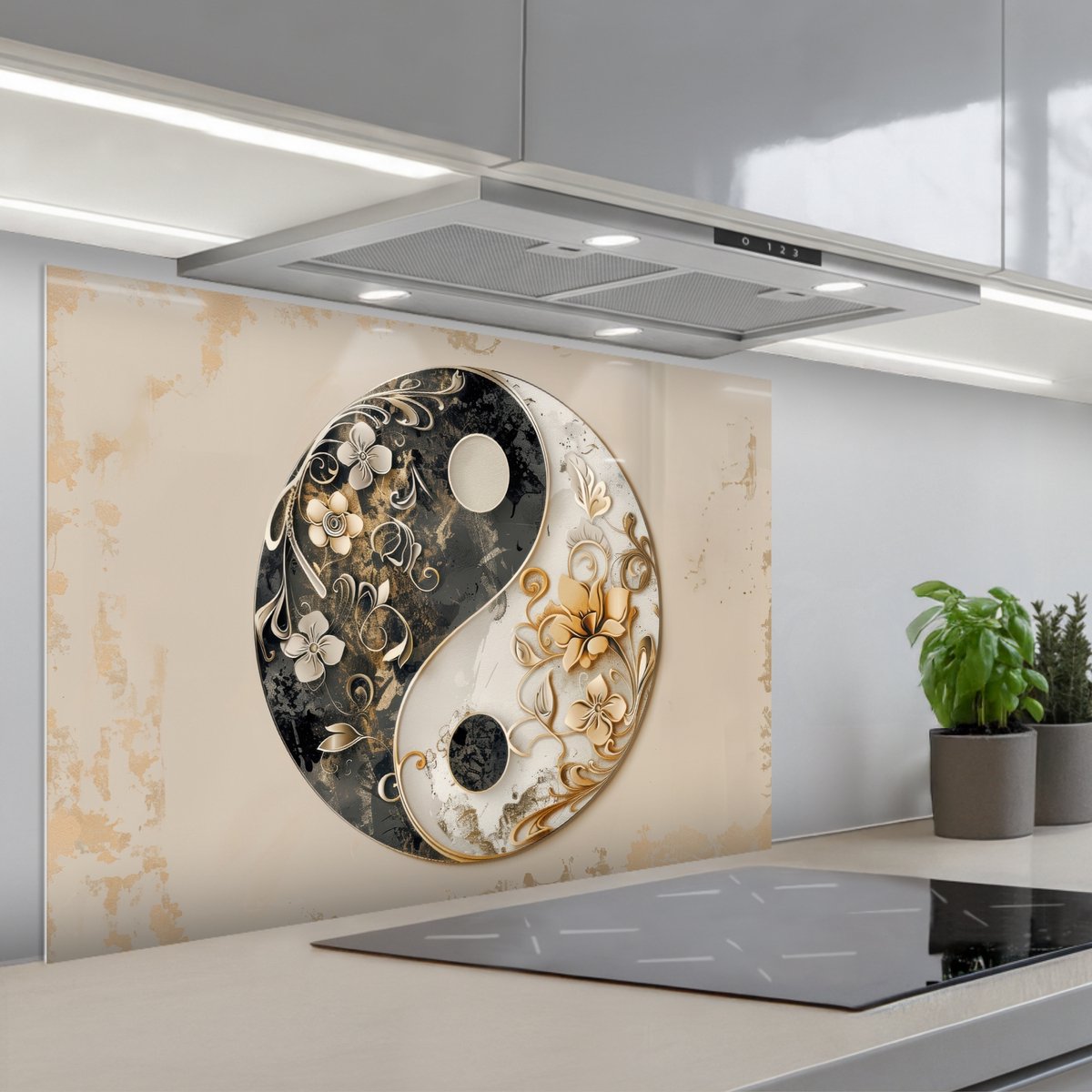 KitchenYeah Spatscherm 90x60 cm Zelfklevende achterwand Yin Yang Bloemen Zwart Wit Vintage Keuken muurbeschermer Spatwand fornuis