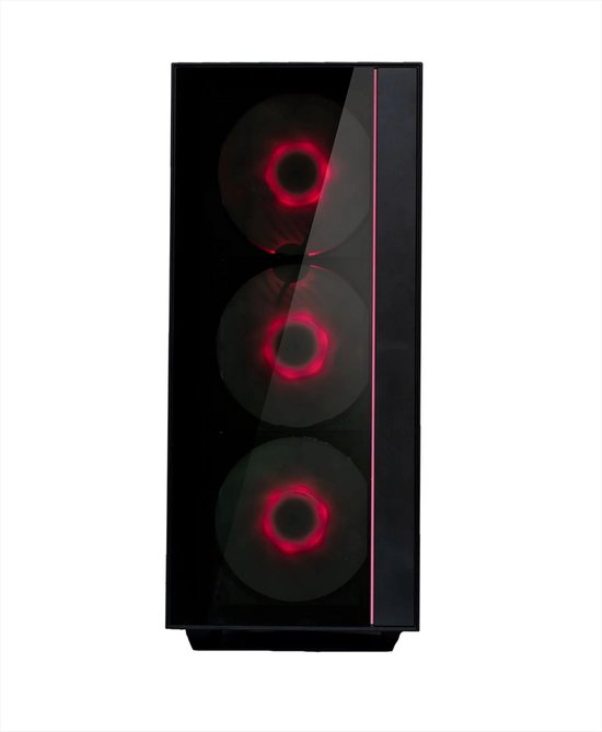 Zwarte computerbehuizing met glazen voorkant en drie cirkelvormige rode LED-ventilatoren.
