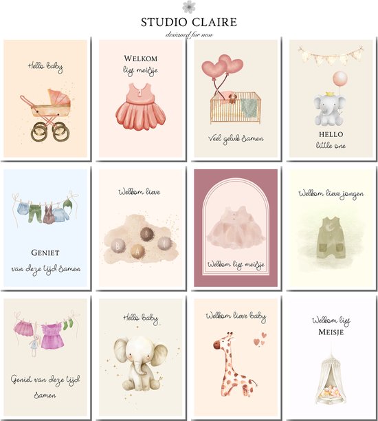 12x Luxe Felicitatiekaarten Baby – Unisex Wenskaarten Geboorte – Neutrale Geboortekaartjes Set – Premium Kaarten met Enveloppen – Kaartenset Kraamcadeau - pasteltinten - Studio Claire