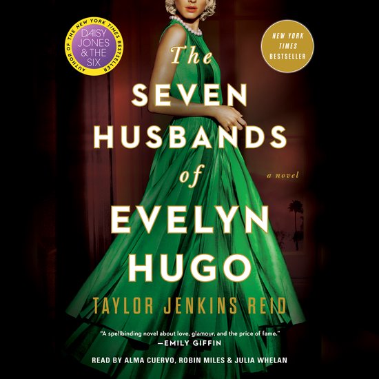 Couverture du livre "Les Sept Maris d'Evelyn Hugo" montrant une femme dans une robe verte. "New York Times Bestseller".