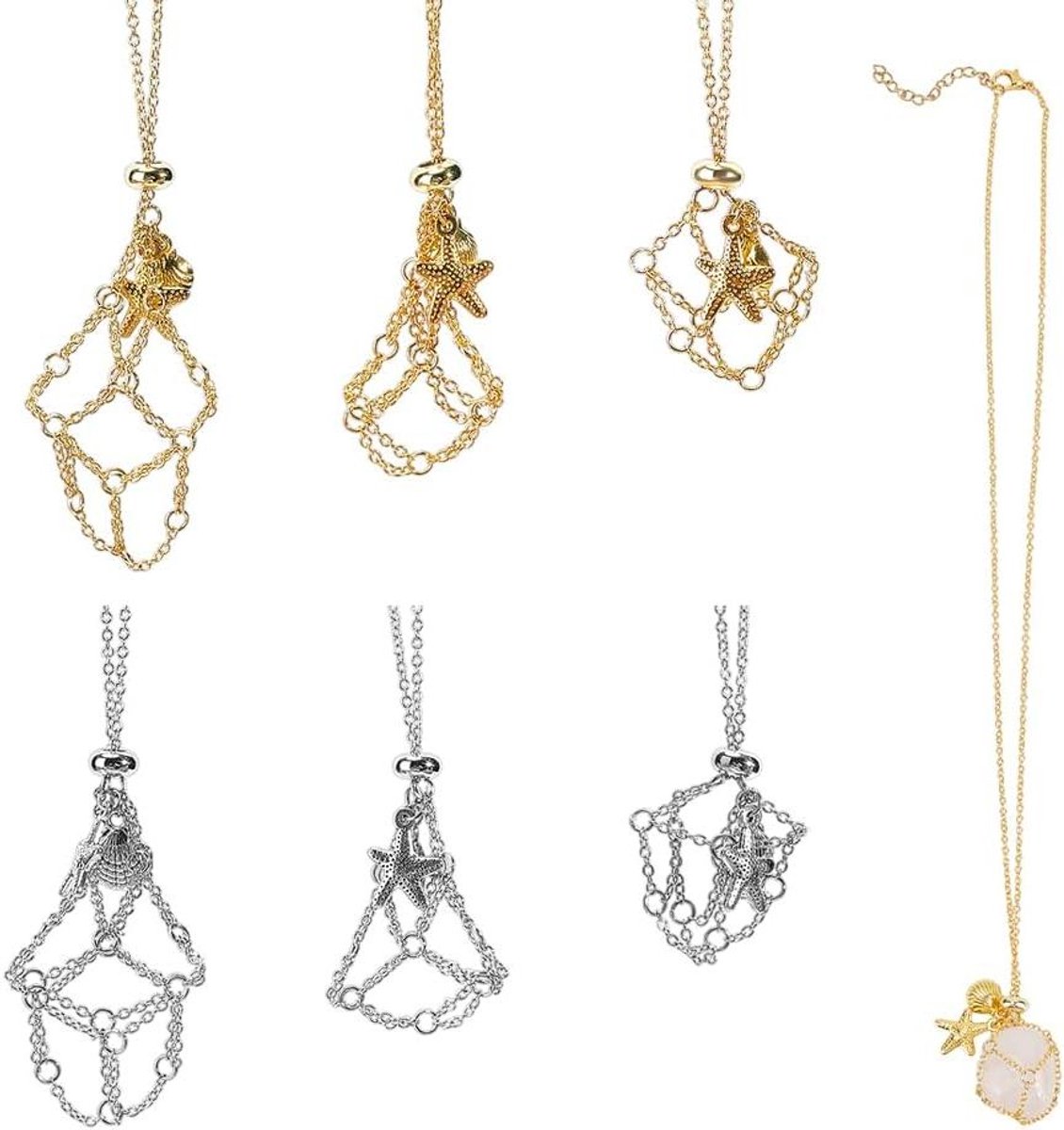 Provento - Kristallen houder ketting met zeester schelp bedels messing edelsteen kooi lege stenen houder vervanging - Doe-het-zelf sieraden - platina