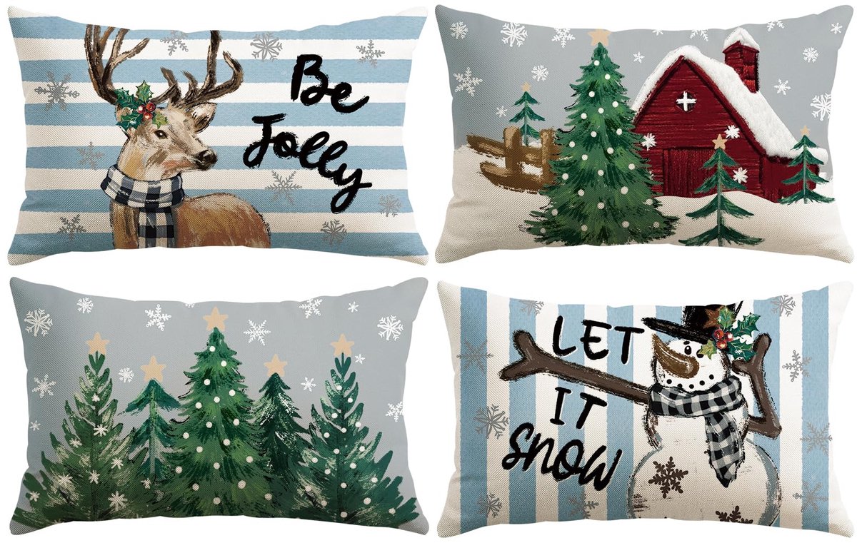 Unyqoos Set van vier kerstkussenslopen met sneeuwpop en eland motief in blauw en grijs Sneeuwpop En Eland - Blauw