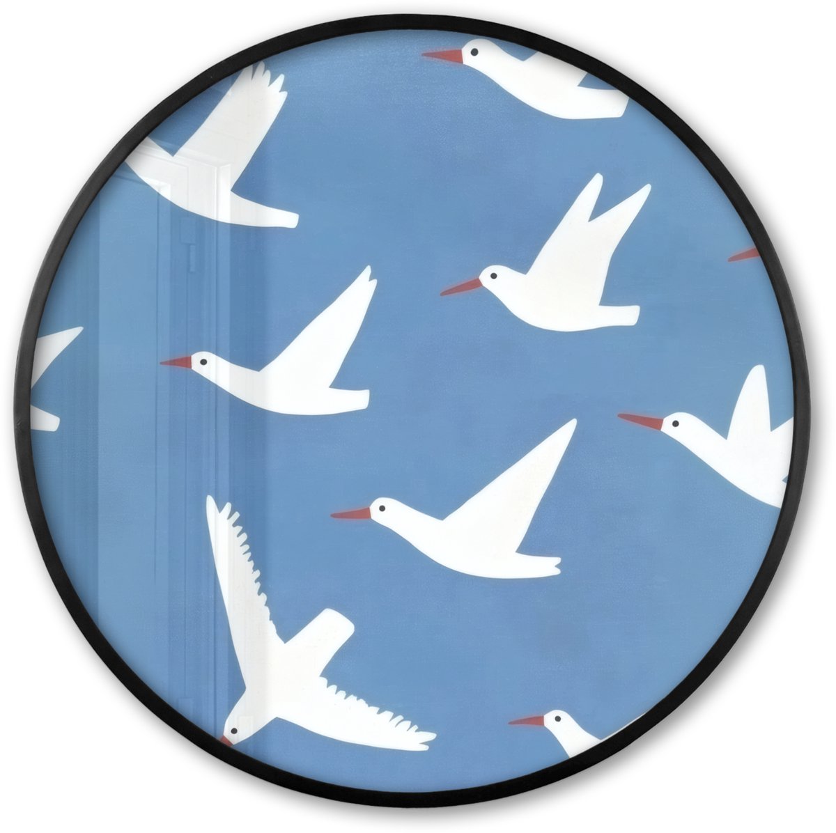 FrameYourWall Poster in lijst Rond - Fotolijst 60x60 cm - Posters - Vogels - Wit - Patroon - Ronde posterlijst zwart - Decoratie - Wanddecoratie woonkamer - Muurdecoratie slaapkamer Vogels - Patroon