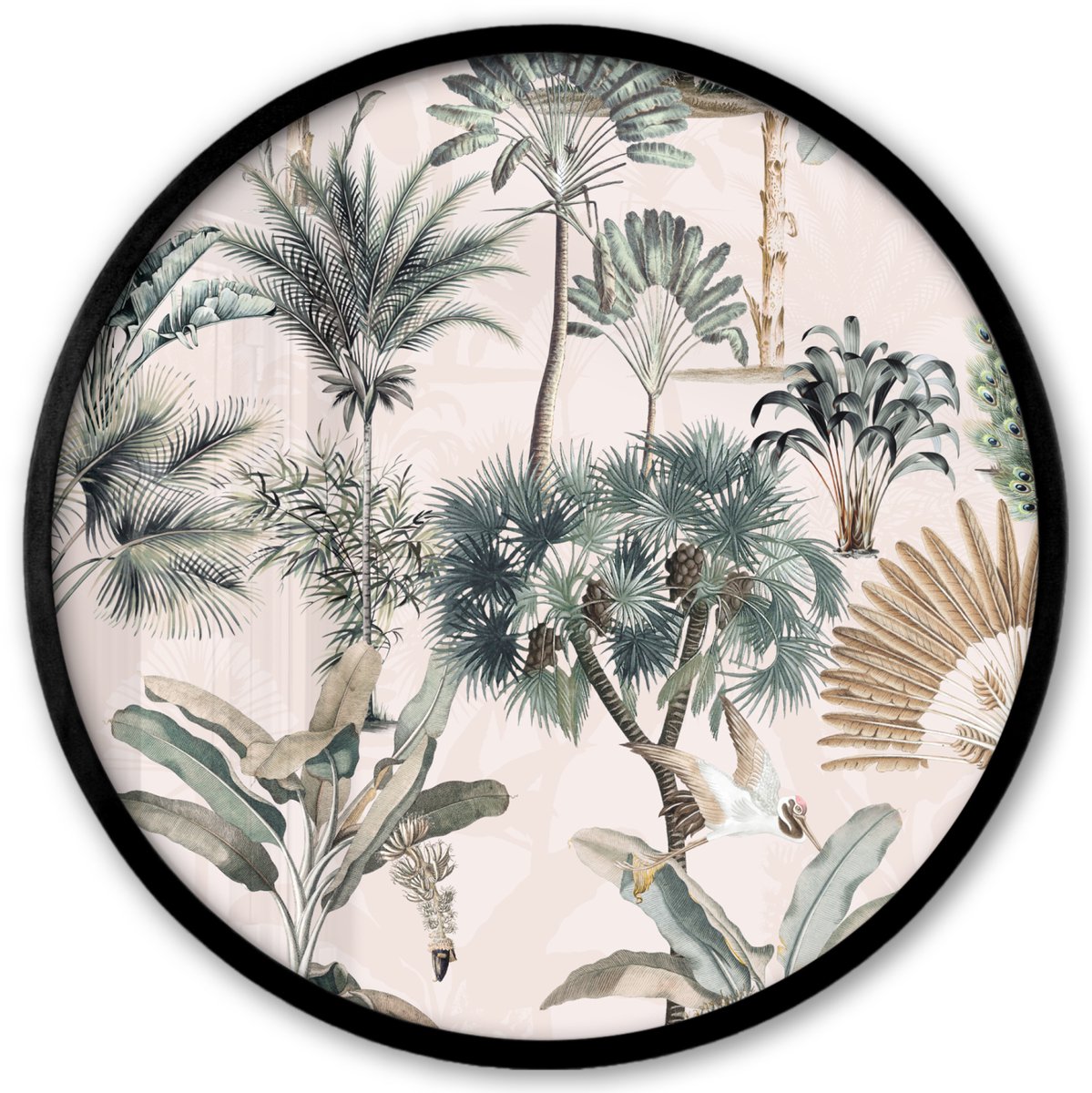 FrameYourWall Poster in lijst Rond - Fotolijst 40x40 cm - Posters - Bladeren - Monstera - Jungle - Tropical - Ronde posterlijst zwart - Decoratie - Wanddecoratie woonkamer - Muurdecoratie slaapkamer Multicolor