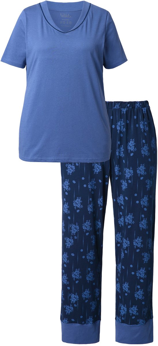 Ulla Popken Dames - Pyjama bloemen V-hals korte mouw - Licht zeilblauw - Maat 42+