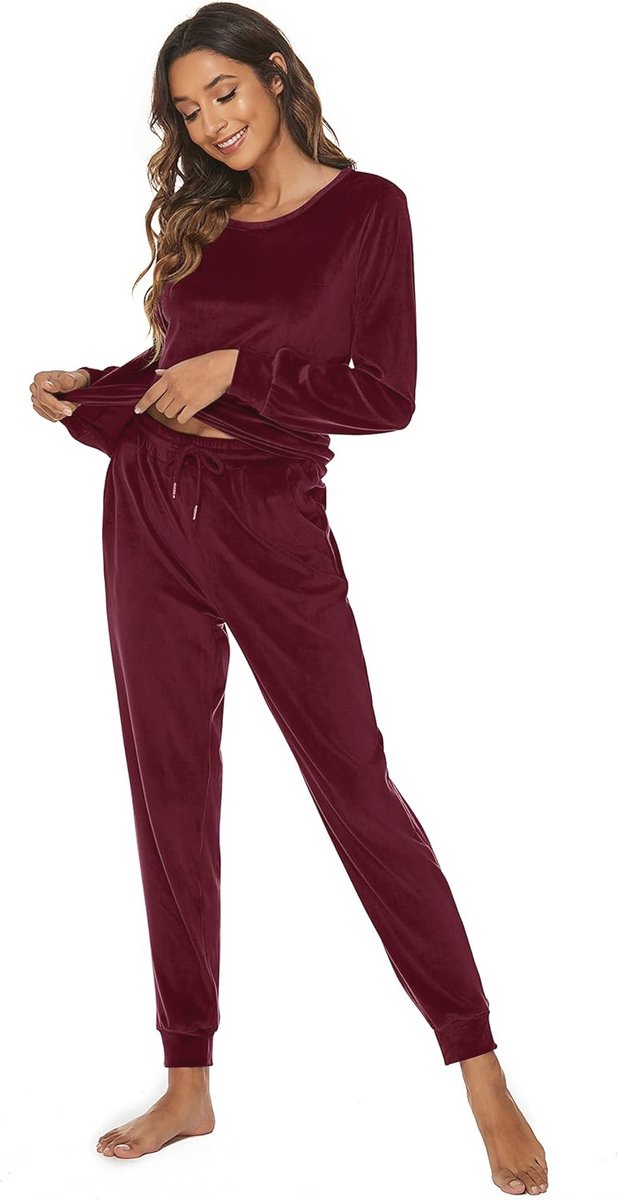 Dames velours trainingspak met ronde hals en zakken - Winter joggingset en pyjama set