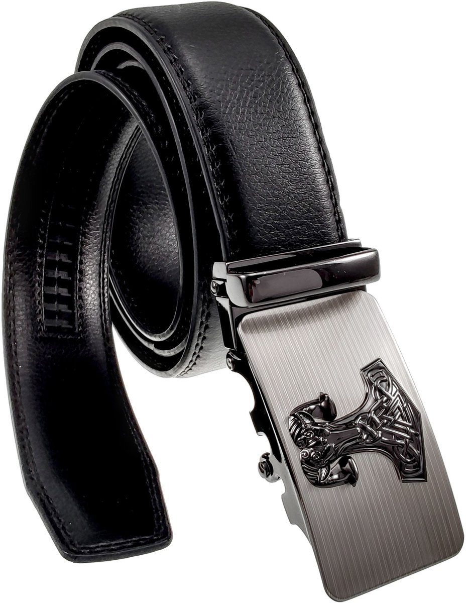 Verstelbare Zwarte Riem zonder Gaatjes met Decoratieve 3D-Gesp, Automatische Riem, Zwart PU-Imitatieleer, Heren - 3,5 cm Breed