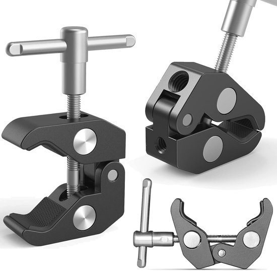 2 Stuks Super Clamp Statiefklem – Met 1/4″ Schroefdraad En 3/8″ Adapter – Voor Camera's, Verlichting En Buizen Tot 50 Mm – Antislip Rubber