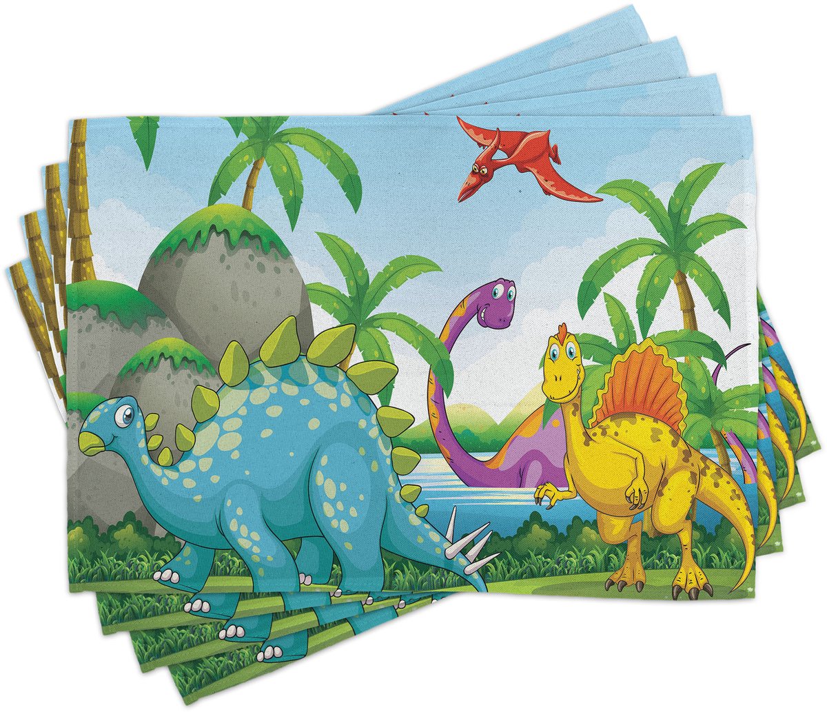 ABAKUHAUS Jurassic-placematten, het leven van dinosaurussen in het oerwoud – illustratie met palmbomen, bomen bij een meer, stenen, leuk kunstwerk; Tiscjdeco van kleurvast stof voor eetkamer en keuken, veelkleurig