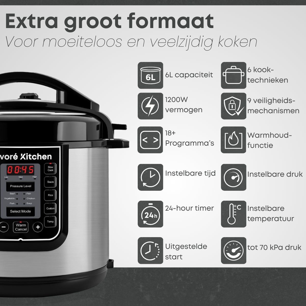 Savoré Kitchen Pressure Cooker 6L – Tot 6 Pers. – PFAS-vrij – 29 × 33,5 cm – Snelkookpan, Rijstkoker, Slowcooker, Stomer, Sous-vide & Multicooker – foto 5