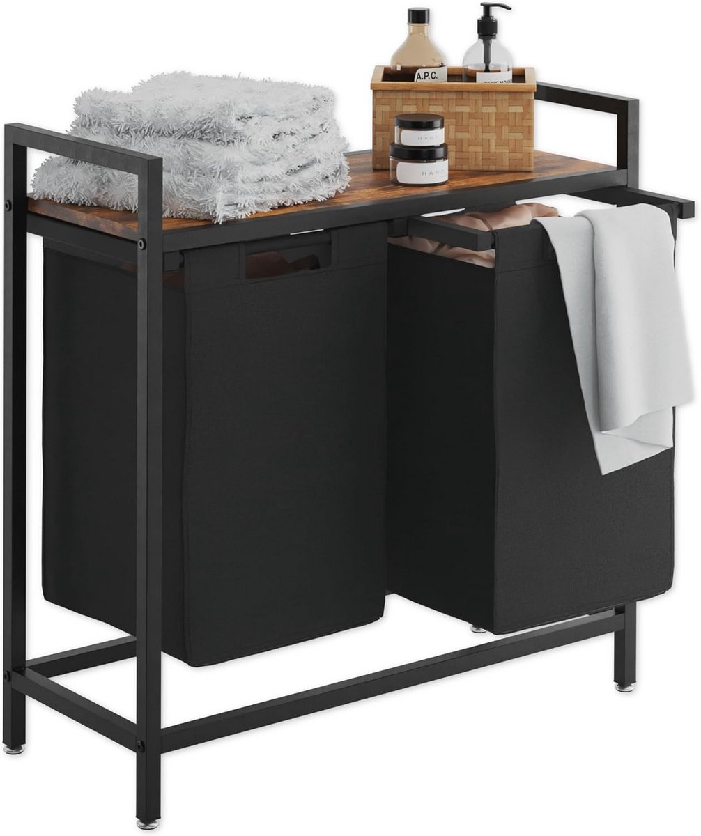 Multifunctionele Wasmand met 2 Vakken en Plank - 48 Liter Capaciteit, Bruin en Zwart