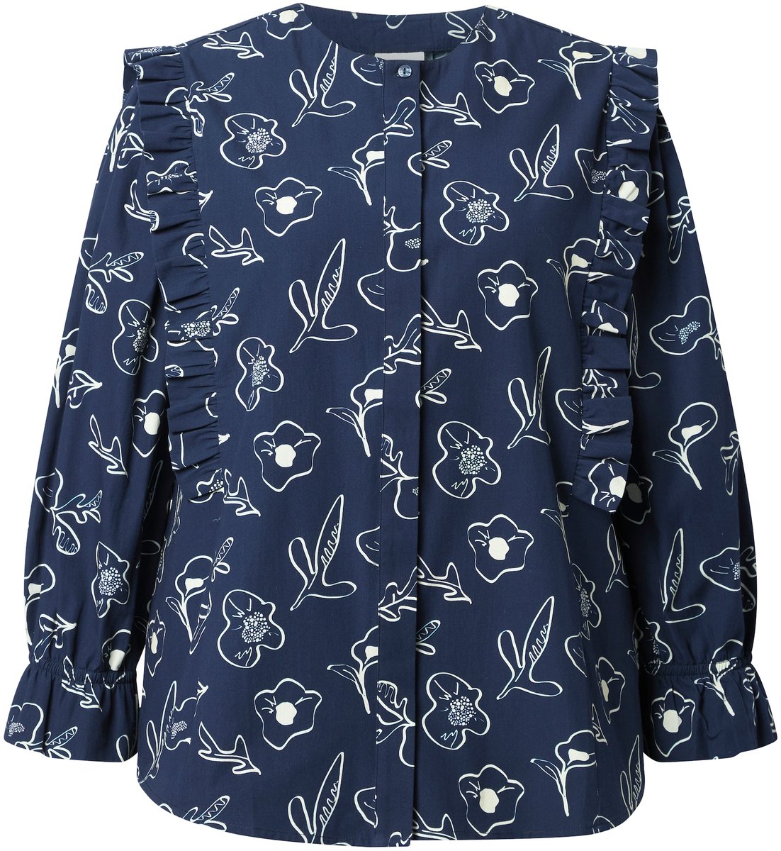 Ulla Popken - Dames - Blouse ruches A-lijn ronde hals lange mouwen - Marine - Maat 58+