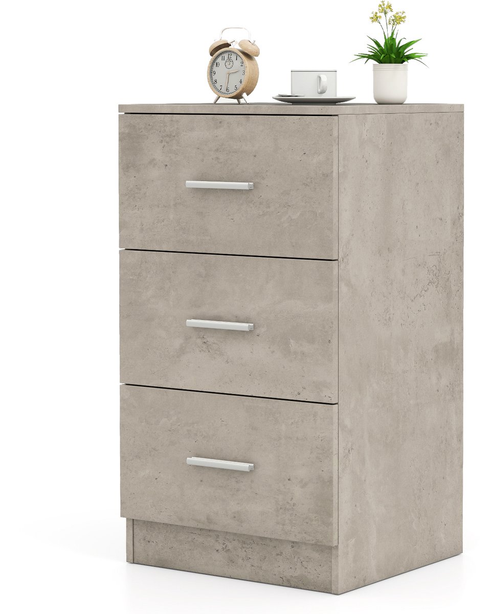 Costway Nachtkastje met 3 lades Hoogglans Nachtkast Nachtkommode voor Boxspringbed 37 x 34 x 66,5 cm Cementgrijs