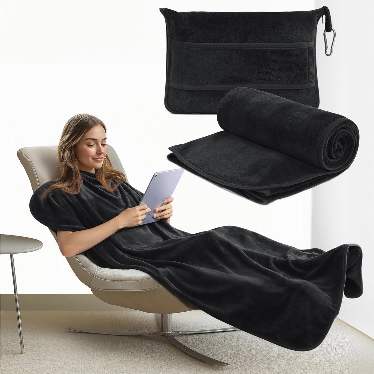 Opvouwbare reisdeken en kussen - 100 x 160 cm - Ideaal voor reizen en kamperen - Wasbaar en compact - Zwart