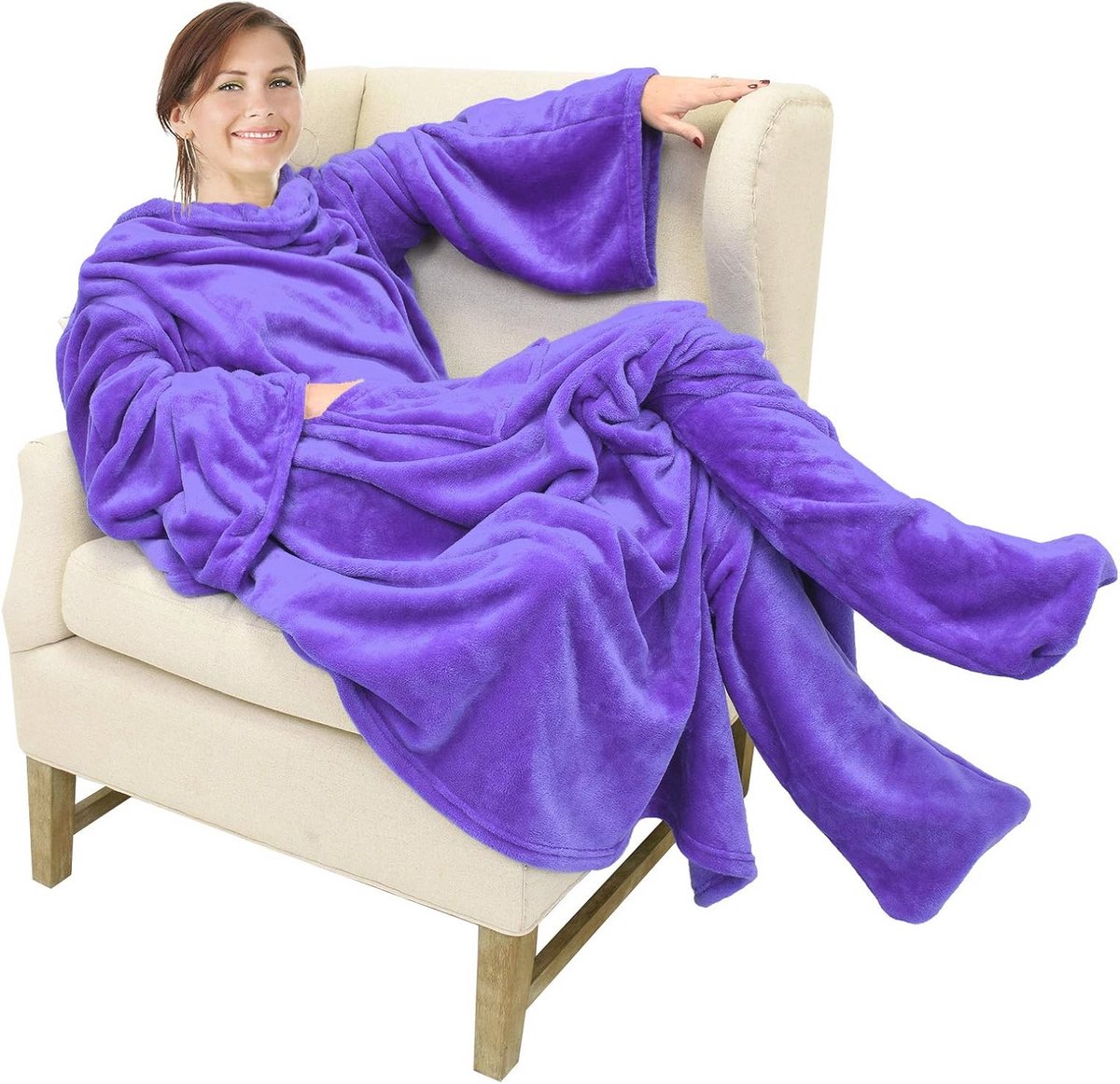 Knusse fleece tv-deken met mouwen en voetzakken - Grote wikkeldeken voor dames en heren, 190 cm x 135 cm, Paars