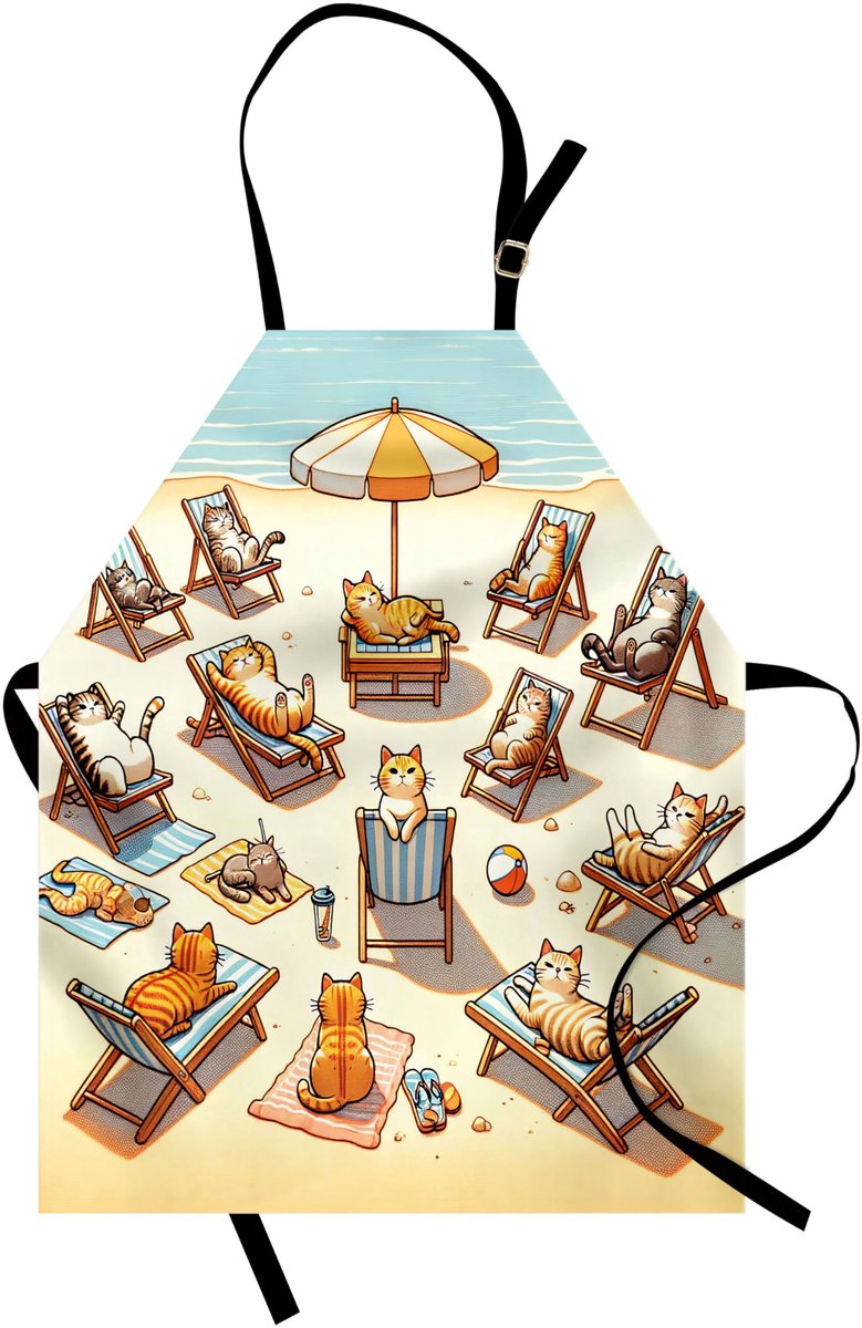 ABAKUHAUS Katten-kookschort, Zomer-katjes-zandstrand-pret, Unisex keukenslabbetje met verstelbare hals, om te koken en in de tuin te werken, Beige, Oranje, Lichtblauw