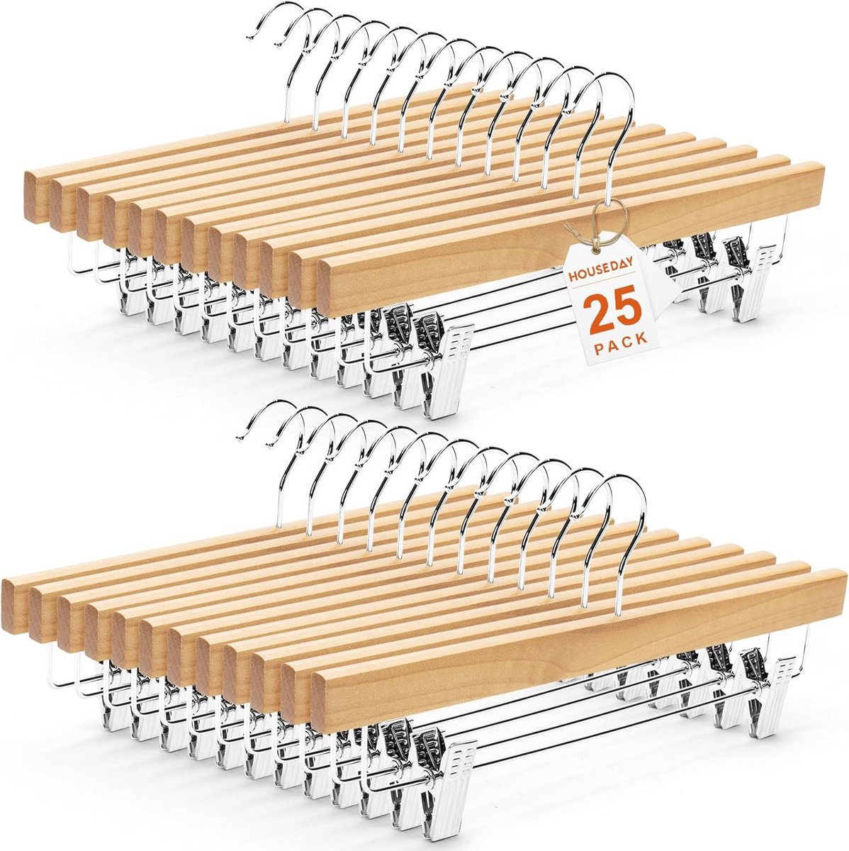 Houten broekhangers met verstelbare clips en draaibare haak – 25 stuks