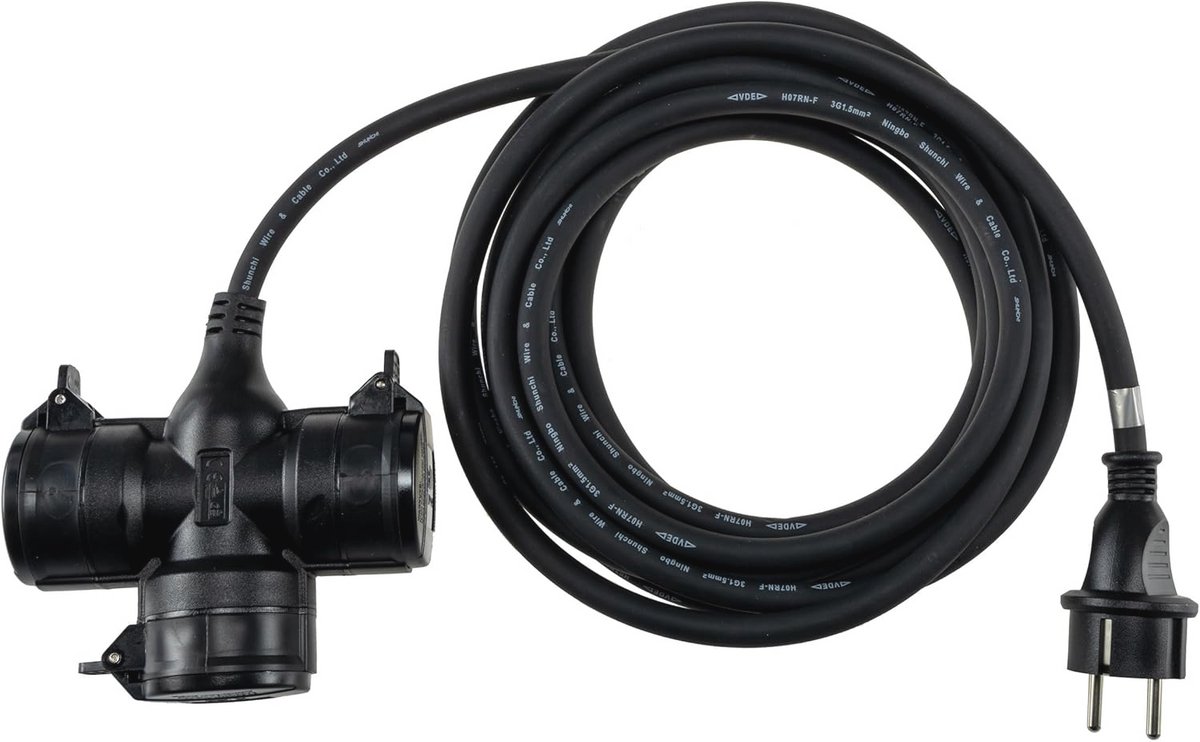 Verlengkabel met 3 stopcontacten en deksel, 5 meter, IP44, Buitenstopcontact met rubberen kabel H07RN-F
